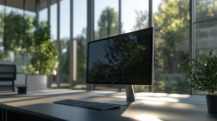 Fototapeta premium Modern desktop computer sits near large windows