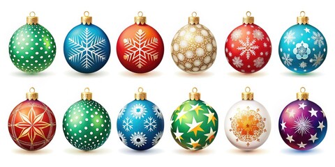 A collection of 12 vibrant Christmas bauble icons, perfect for adding festive cheer to holiday d&eacute;cor and seasonal celebrations. Illuminate your celebrations with these playful illustrations.