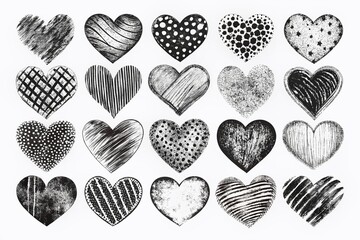 A collection of hand-drawn grunge hearts set against a white backdrop, offering unique black and white design elements for creative love-themed projects and illustrations.