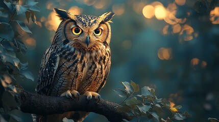 A majestic owl perched on a branch amidst a softly lit background.