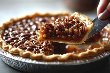 A slice of pecan pie with a missing piece, perfect for adding to food or dessert themed scenes