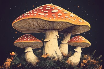 Fototapeta premium Group of mushrooms growing in a lush green field, with vibrant colors and varied shapes