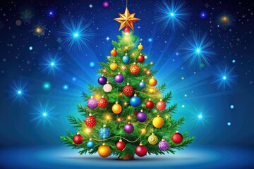 Fototapeta premium A colorful Christmas tree set against a blue backdrop, perfect for festive celebrations, home decor, and seasonal greetings, capturing the spirit of the holidays.