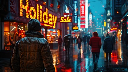 Fototapeta premium Snowy night, city street, holiday sale signs, people walking, winter.