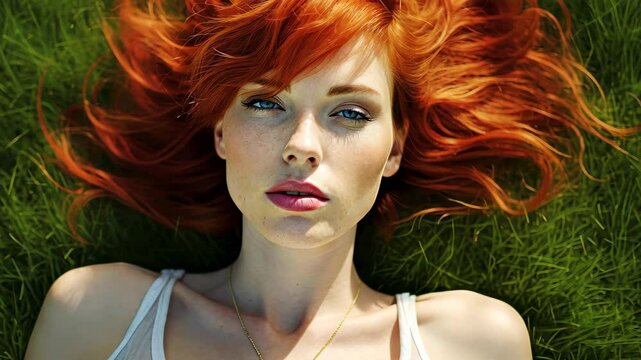 Captivating beauty  red haired woman laying on lush green grass.
