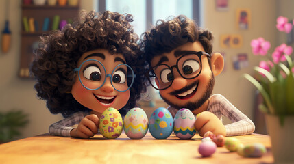 Cartoon family joyfully painting colorful easter eggs together, celebrating the festive holiday spirit in their cozy home, creating cherished memories filled with love and laughter