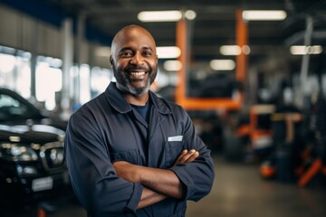 Obraz premium Portrait of a middle aged African American car mechanic in workshop