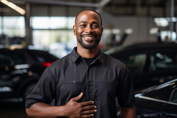 Obraz premium Portrait of a middle aged African American car mechanic in workshop