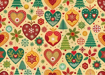 A delightful Christmas pattern blending retro love shapes, festive elements, and cheerful decorations in warm colors, evoking nostalgia and the joyful spirit of the holiday season.