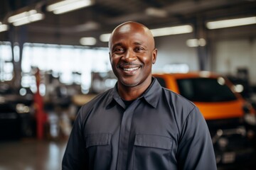 Obraz premium Portrait of a middle aged African American car mechanic in workshop