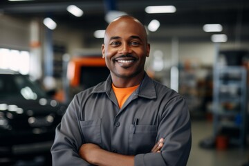Obraz premium Portrait of a middle aged African American car mechanic in workshop