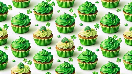 A delightful seamless pattern featuring green muffins, perfect for St. Patrick's Day celebrations, festive desserts, holiday treats, and adding fun to your Irish-themed designs.