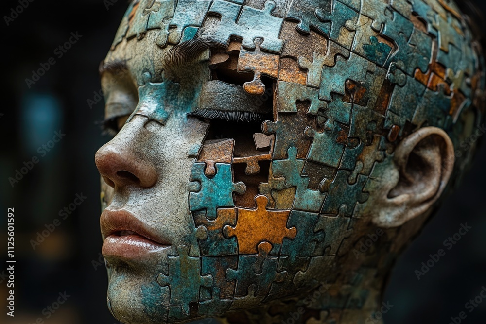 Poster a close-up shot of a person's face with puzzle pieces on it, ideal for use in educational or creativ