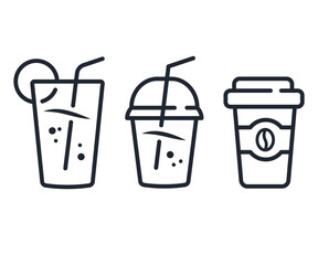 Drink Cup icon line set, Coffee and smoothie, juice Set of paper and plastic cups, stock illustration