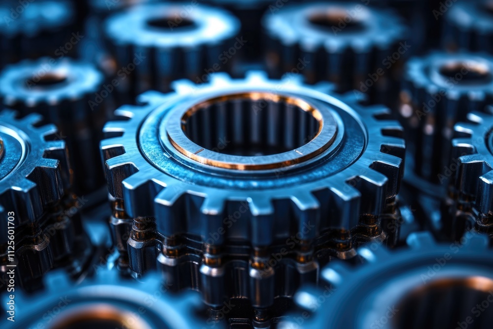 Poster a detailed view of interconnected gears, ideal for illustrating mechanical systems or engineering co