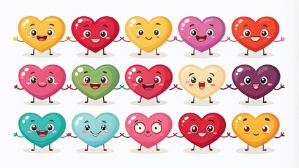 Fototapeta premium Adorable heart characters for Valentine's Day embody love, support, passion, and trust. These fun cartoon symbols express affection in a playful, whimsical way. Perfect for celebrations!