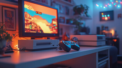 A nostalgic gaming setup showcasing a classic console from the 2000s, complete with wired controllers, a pixelated video game screen