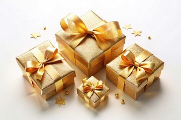 Obraz premium Aerial shot of 3D gift boxes adorned with golden ribbons, perfect for holiday promotions, seasonal sales, and minimalist decor elements to enhance discounts and celebrations.