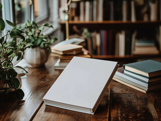 A white magazine with a blank cover lying diagonally on a polished wooden table in a small bookstore. magazine and book mockup