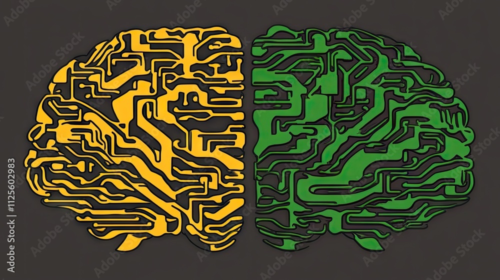 Poster artistic representation of brain with circuit patterns in two colors
