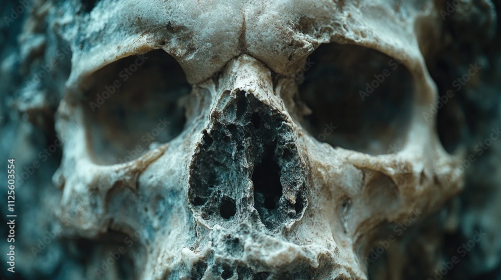 Poster A close-up shot of a skull with a hole in it, suitable for use in a variety of contexts including Halloween decorations, crime scene investigations, or as a symbol of mortality