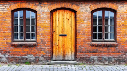Obraz premium Rustic Brick Wall with Wooden Door and Windows in Urban Setting