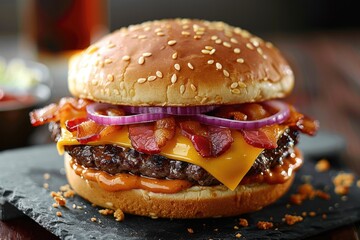 A juicy burger topped with crispy bacon, caramelized onions, and melted cheese