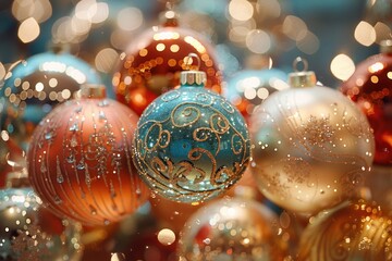 A close-up view of various Christmas ornaments