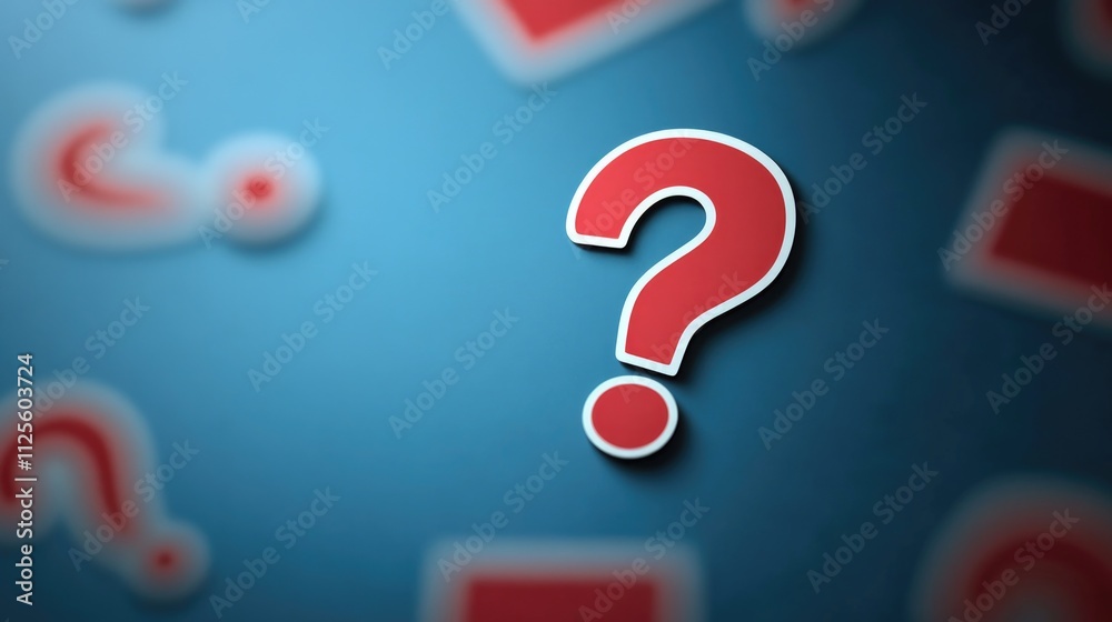 Poster a bright red question mark on a calm blue background