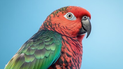 A vibrant parrot perched against a bright blue sky