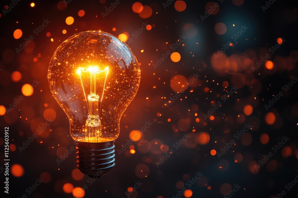 Poster a close-up shot of a glowing light bulb on a dark background, perfect for adding ambiance to your de