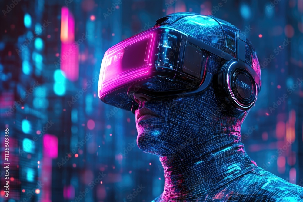 Poster man wearing virtual reality headset and headphones for immersive gaming or entertainment, suitable f