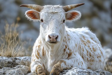 A close-up view of a cow resting on a rock, a peaceful scene