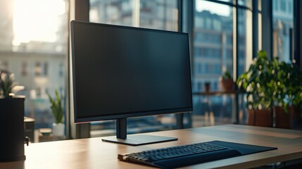 Naklejka premium Modern Computer Monitor On Desk Near Window
