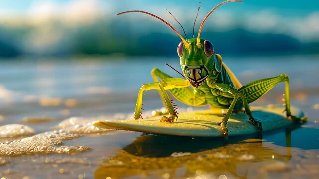 A cute grasshopper surfer enjoys a fun-filled summer day at the beach, riding waves with enthusiasm, Ai Generated.