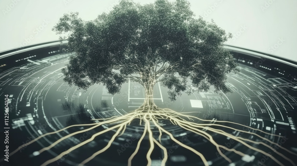 Poster digital tree with roots and circuit board background concept