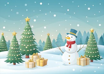 Obraz premium A minimalist Christmas design featuring a snowy landscape, a cheerful snowman, beautifully wrapped gifts, and elegant gold-and-white decorated Christmas trees, creating a festive atmosphere.