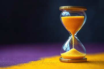A close-up view of an hourglass with yellow sand flowing down one side, sitting on a purple surface