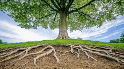 Fototapeta premium Majestic Tree with Exposed Roots and Lush Green Landscape