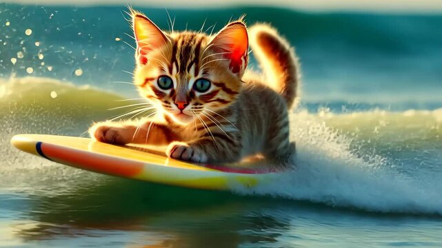 A cute kitty surfer enjoys a fun-filled summer day at the beach, riding waves with enthusiasm, Ai Generated.