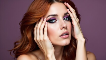 Obraz premium A striking image of a woman with vibrant purple makeup, gazing thoughtfully, her red hair contrasting against a deep purple background.