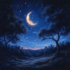 A serene night scene featuring a crescent moon and twinkling stars among trees.