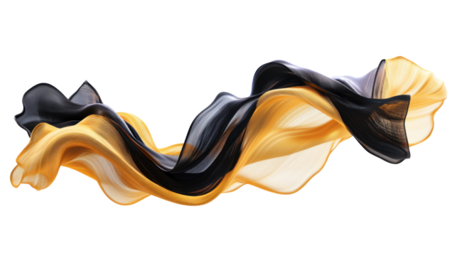 Abstract fluid shapes, 3d rendering illustration of black and gold color waves and cloth fabric floating in the white background. Modern art poster design with surrealistic twisted forms