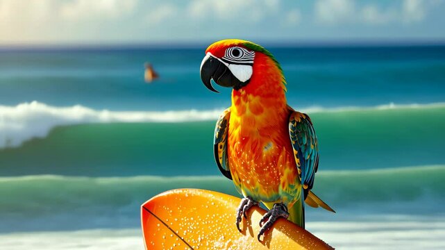 A cute parrot surfer enjoys a fun-filled summer day at the beach, riding waves with enthusiasm, Ai Generated.