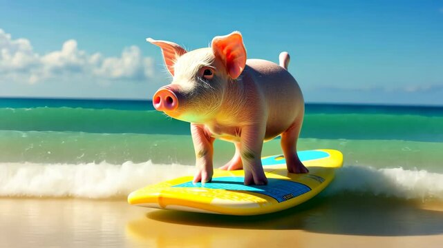 A cute pig surfer enjoys a fun-filled summer day at the beach, riding waves with enthusiasm, Ai Generated.