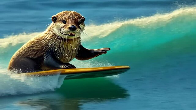 A cute otter surfer enjoys a fun-filled summer day at the beach, riding waves with enthusiasm, Ai Generated.