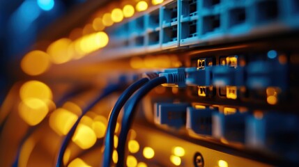 Close-up of a cluster of wires plugged into a server, suitable for tech-related uses such as IT or network documentation