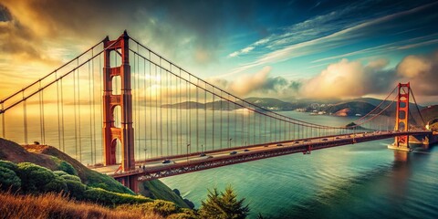 Naklejka premium Classic photography captures the Golden Gate Bridge, highlighting its intricate suspension cables and engineering brilliance, embodying a timeless scene of architectural beauty.