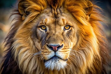 Fototapeta premium Close-up of a majestic male lion’s face, showcasing its fierce expression. Stunning detail reveals the wild predator, big cat essence in its natural habitat.