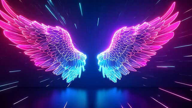 Neon angel wings glow amid pink and blue lights on a UV geometric canvas, Ai Generated.